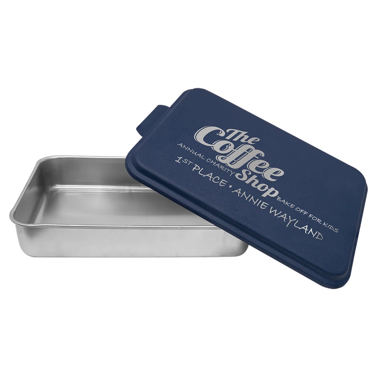 9" x 13" Aluminum Cake Pan with Navy Blue Lid - Open view