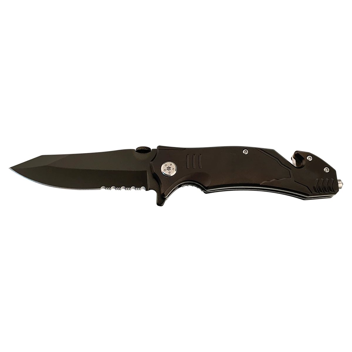 Bison River 4 1/2" Black Rescue Knife - Open 2 view