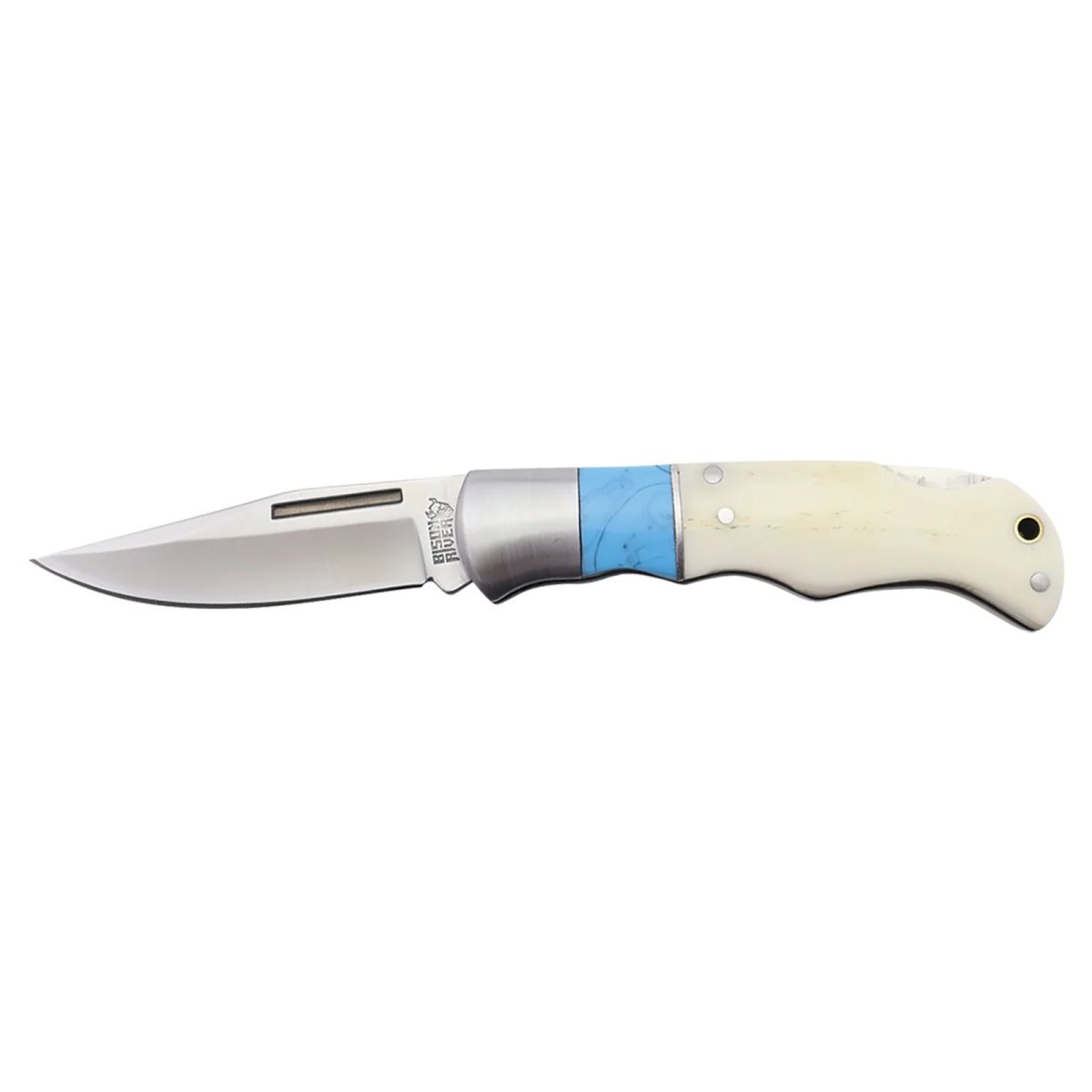 Bison River 3 1/2" Blue/Bone Folding Knife - Open view