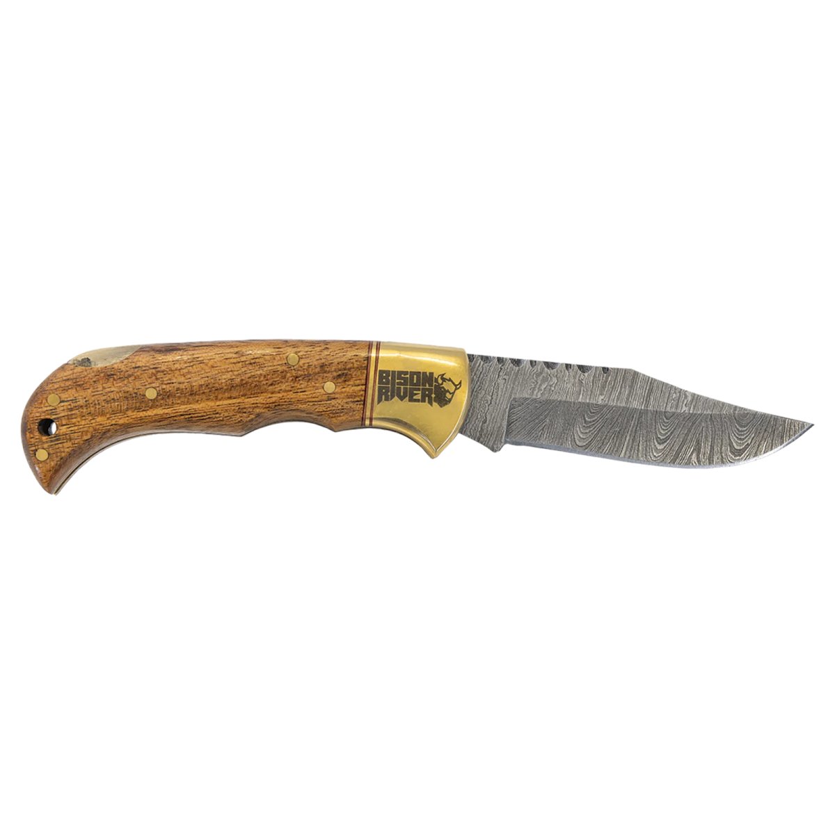 Bison River 3 3/4" Wood Folding Knife with Damascus Steel Blade and Leather Sheath - Open view