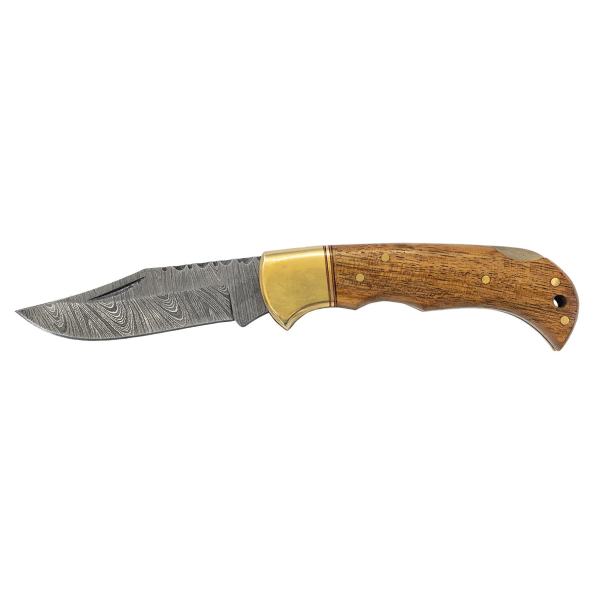 Bison River 3 3/4" Wood Folding Knife with Damascus Steel Blade and Leather Sheath - Open 2 view