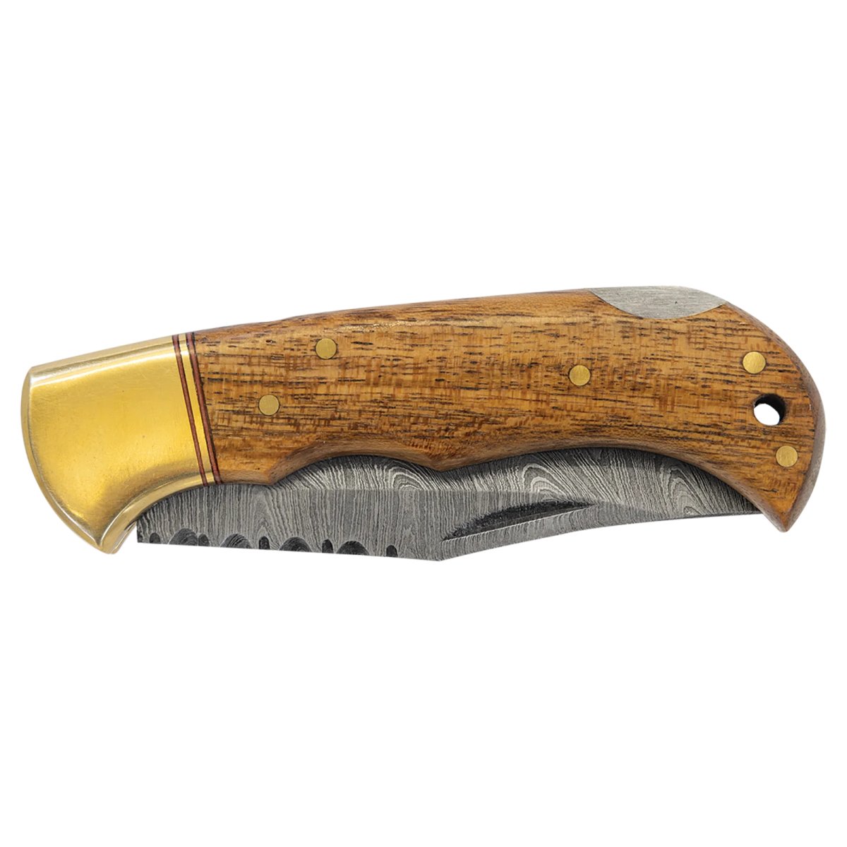 Bison River 3 3/4" Wood Folding Knife with Damascus Steel Blade and Leather Sheath - Side view