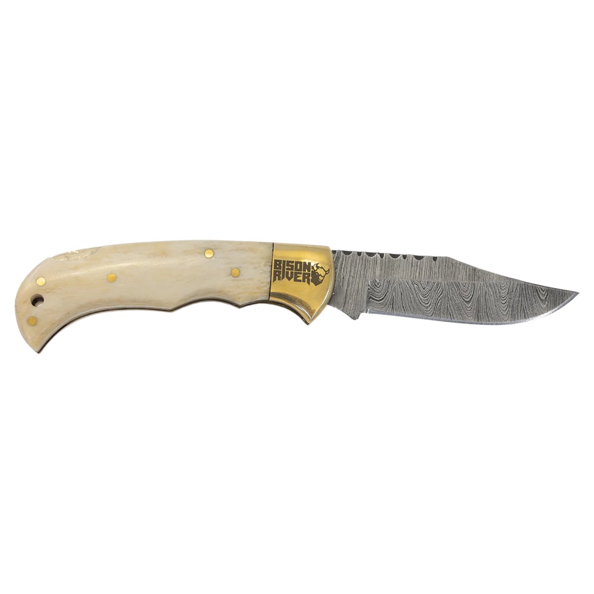 Bison River 3 3/4" Bone Folding Knife with Damascus Steel Blade and Leather Sheath - Open view