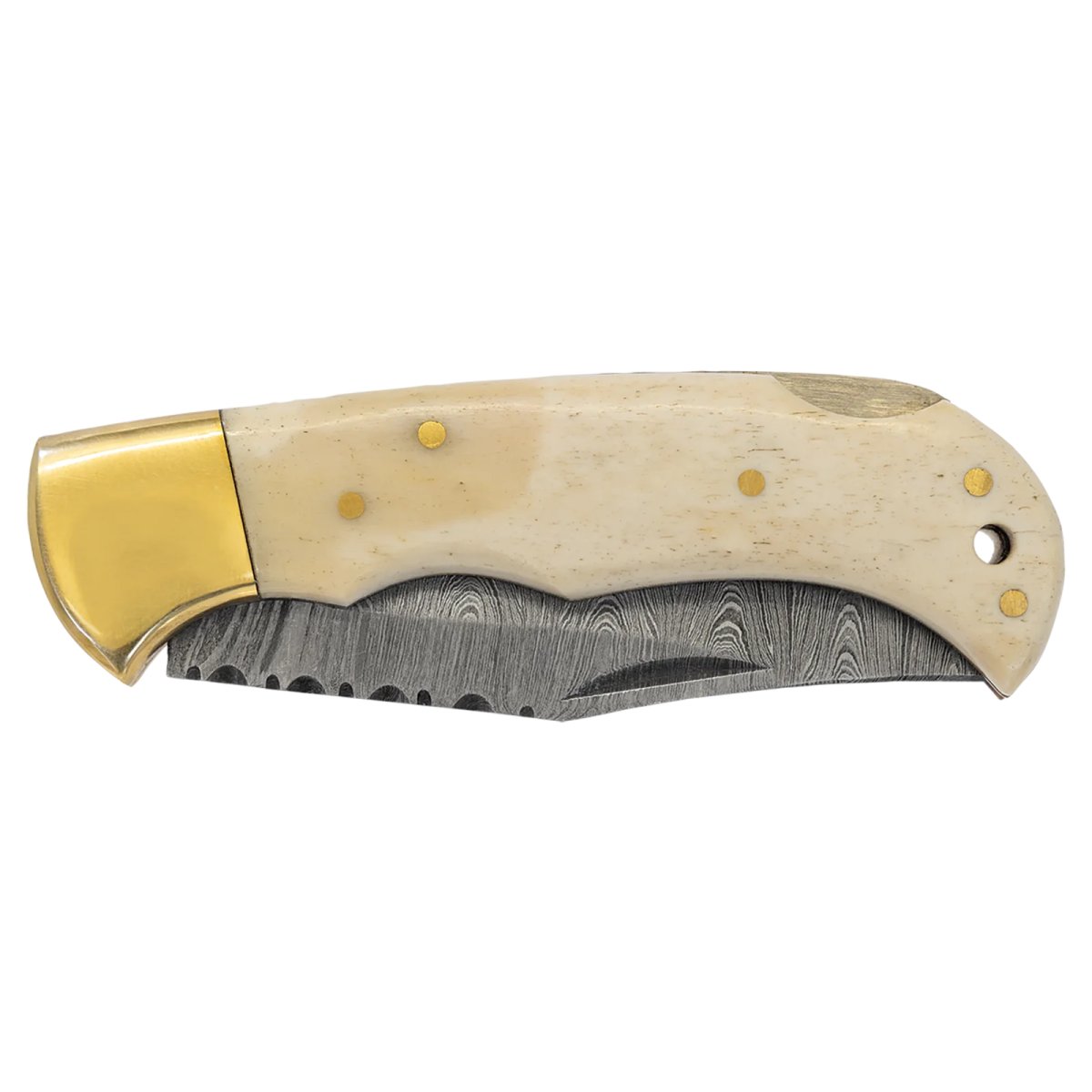 Bison River 3 3/4" Bone Folding Knife with Damascus Steel Blade and Leather Sheath - Side view