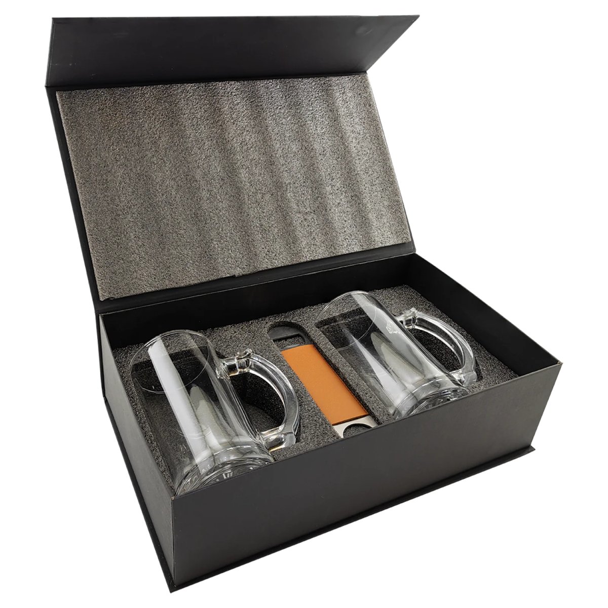 Lazerburst Beer Set with Two 14 oz. Mugs and One Rawhide Engraved Faux Leather Bottle Opener - Open view
