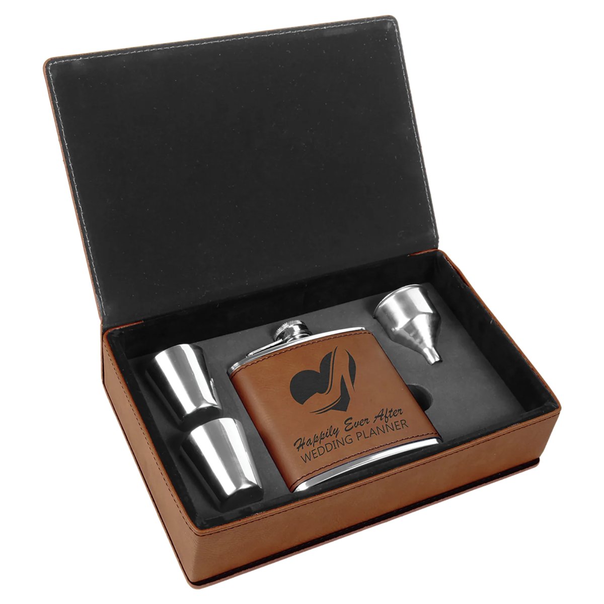 6 oz. Rawhide Engraved Faux Leather Flask Gift Set - Open view