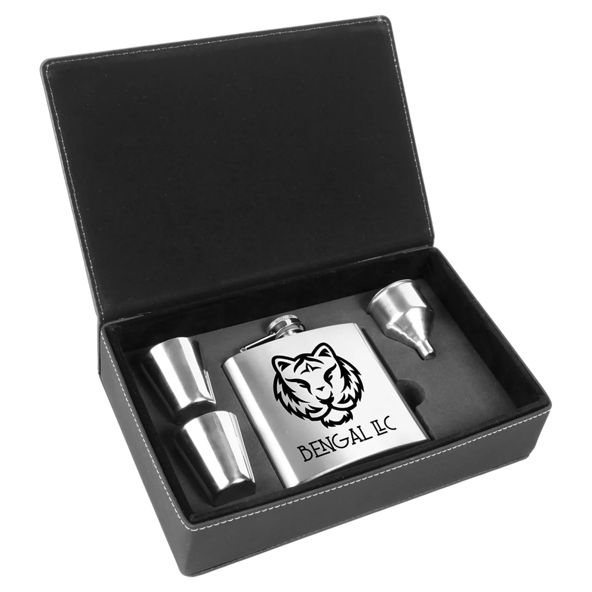 6 oz. Stainless Steel Flask Set in Black/Silver Engraved Faux Leather Box - Open view
