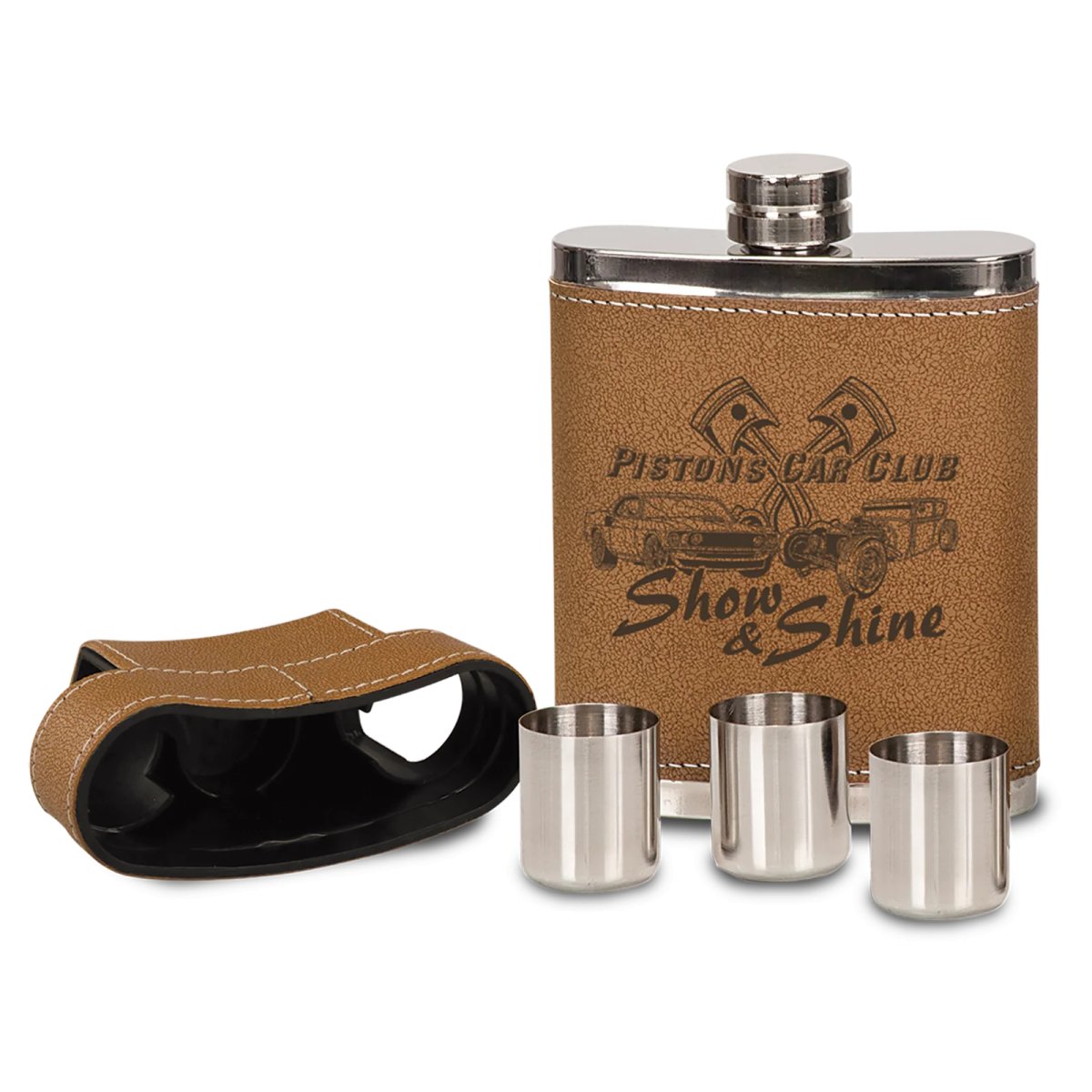 7 oz. Leather Flask with Lid & 3 Shot Glasses - Open view