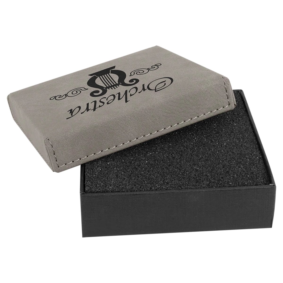 3 1/2" x 3 1/2" Gray Medal Box with Engraved Faux Leather Lid - Open view