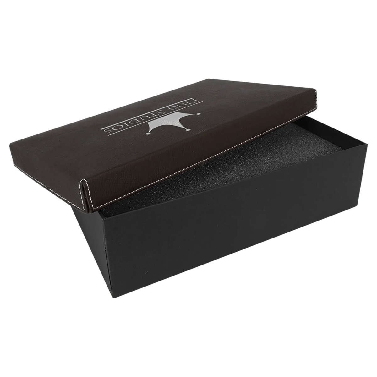 11 3/4" x 7 3/4" Black/Silver Gift Box with Engraved Faux Leather Lid - Open view