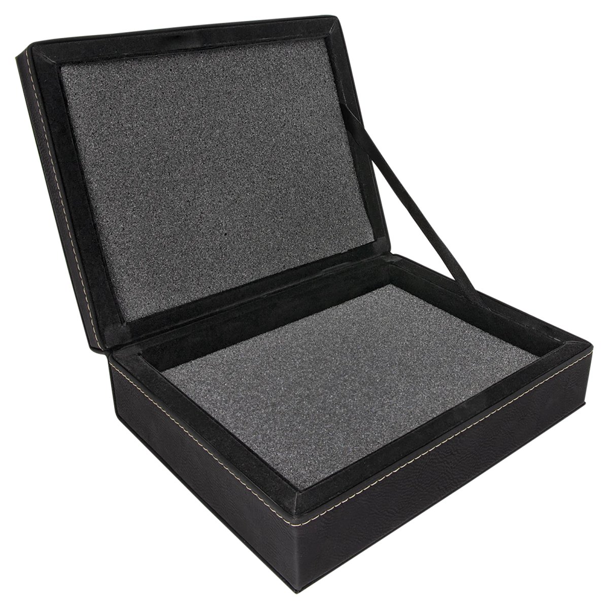 8" x 6 3/8" Black/Gold Engraved Faux Leather Premium Gift Box - Open view