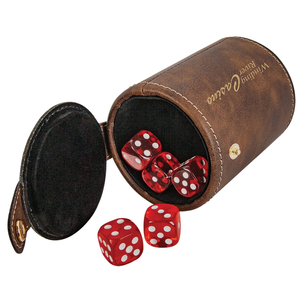 Rustic/Gold Engraved Faux Leather Dice Cup with 5 Dice - Open view