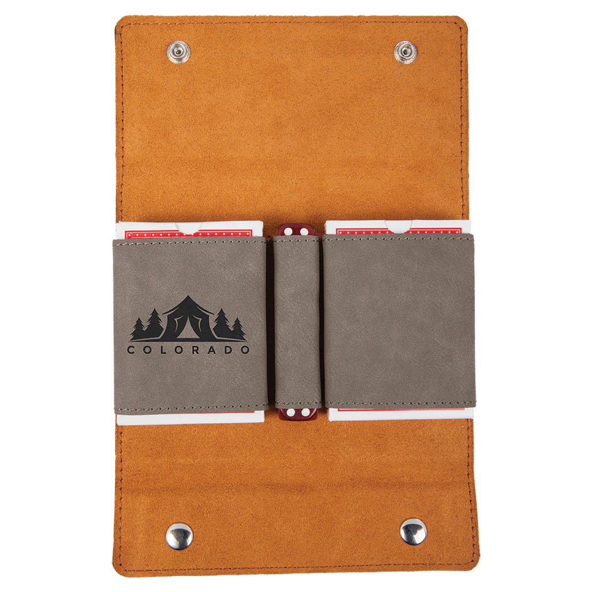 Gray Engraved Faux Leather Card & Dice Set - Open view