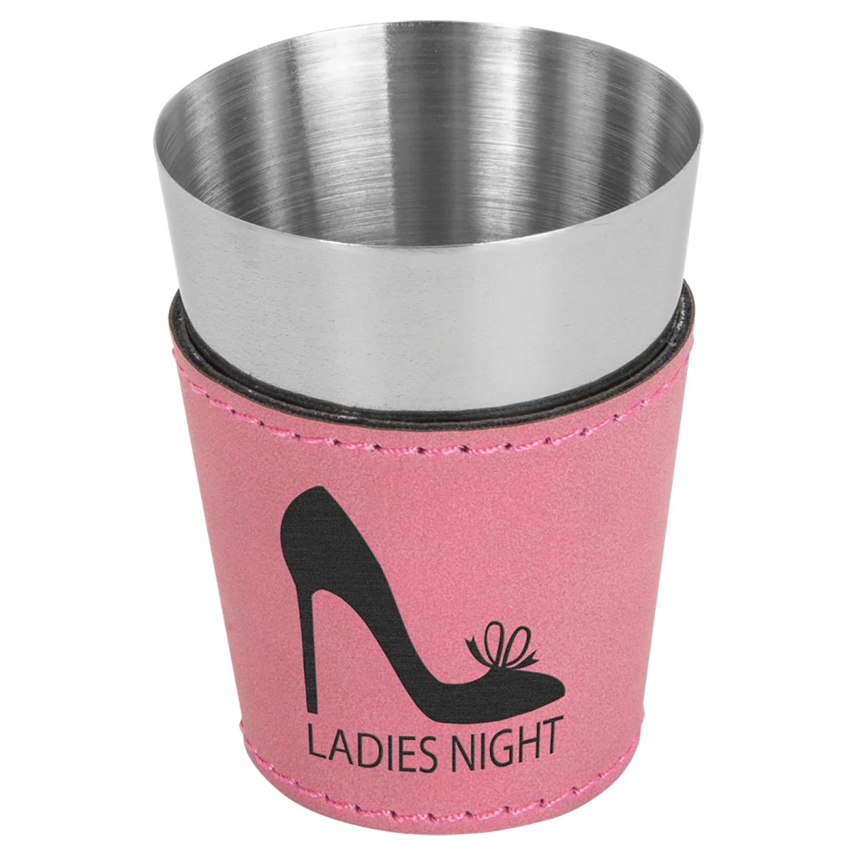 2 oz. Pink Engraved Faux Leather & Stainless Steel Shot Glass - Angle view