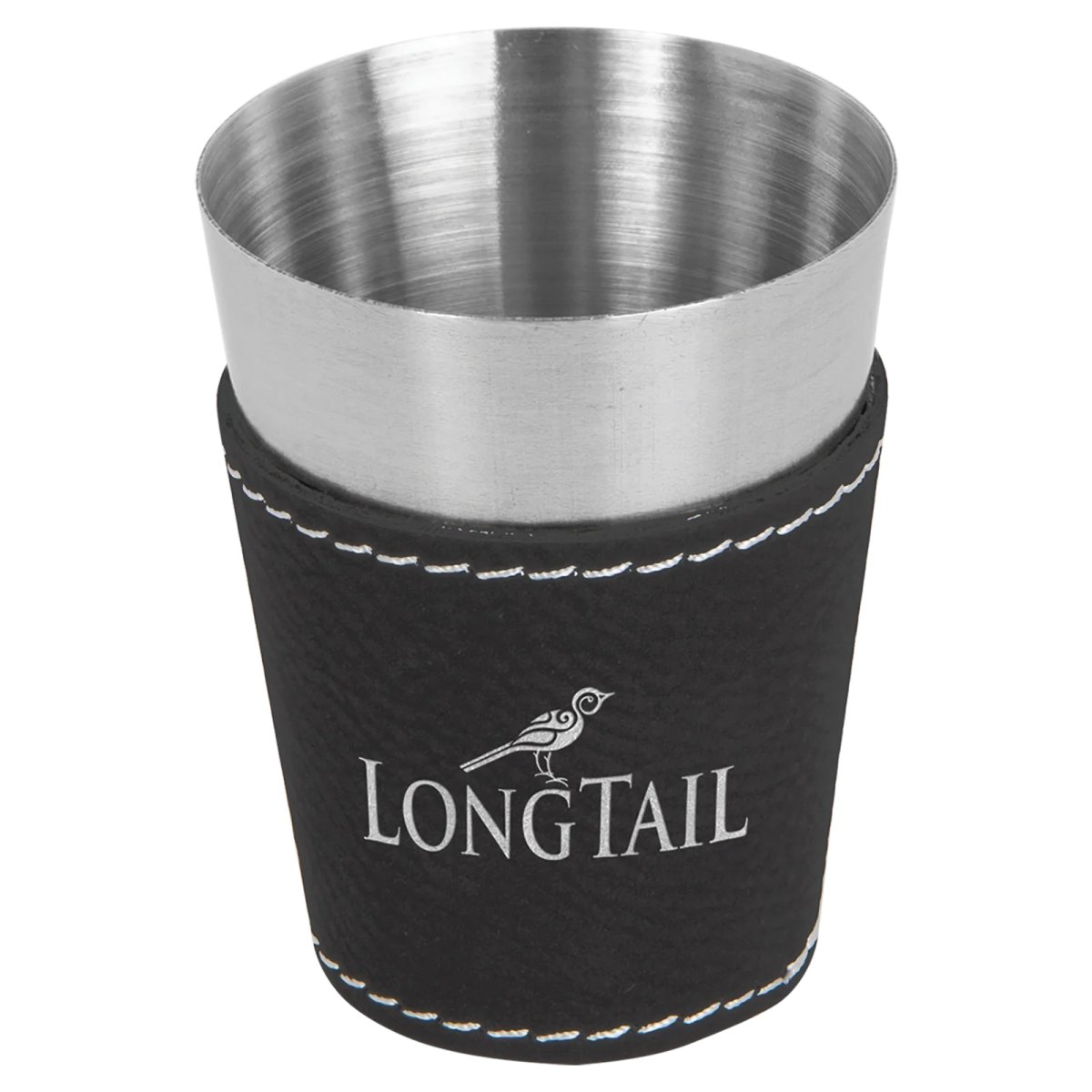 2 oz. Black/Silver Engraved Faux Leather & Stainless Steel Shot Glass - Angle view