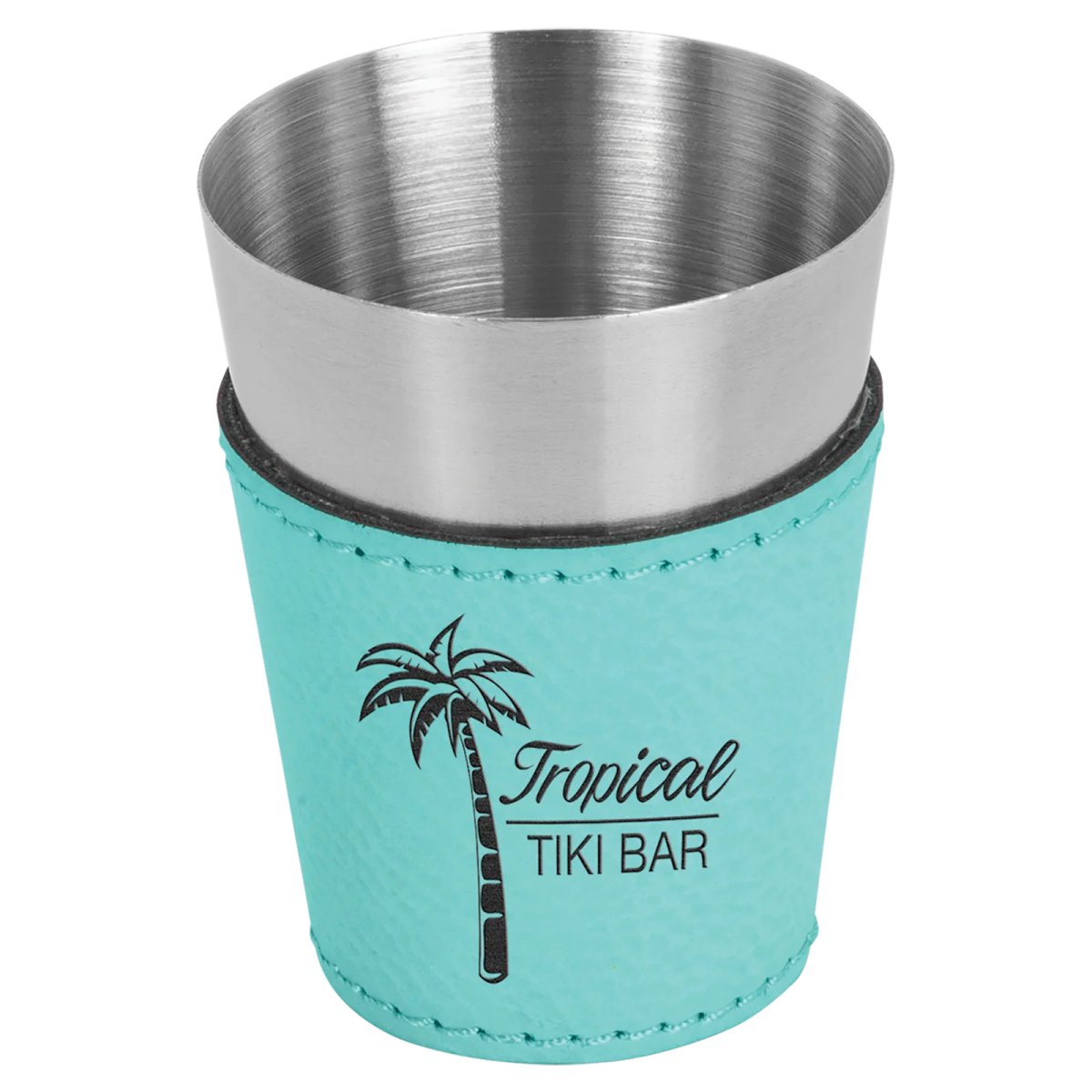 2 oz. Teal Engraved Faux Leather & Stainless Steel Shot Glass - Angle view
