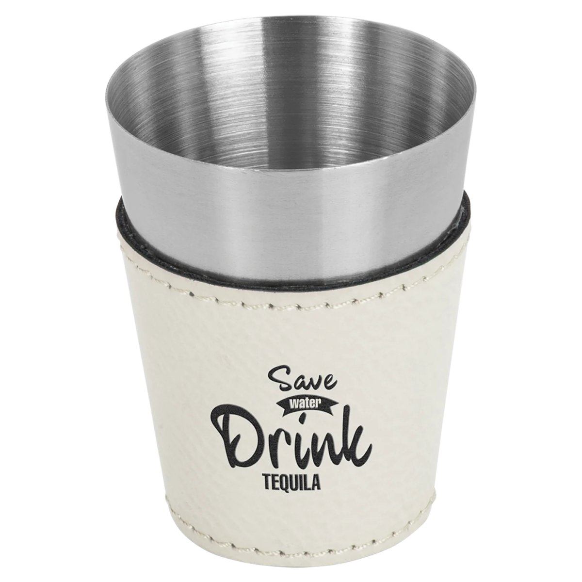 2 oz. White Engraved Faux Leather & Stainless Steel Shot Glass - Angle view