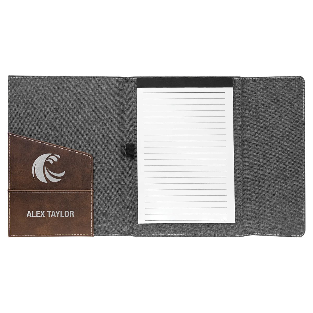 7" x 9" Rustic/Silver Leatherette / Gray Canvas Portfolio with Notepad - Open view