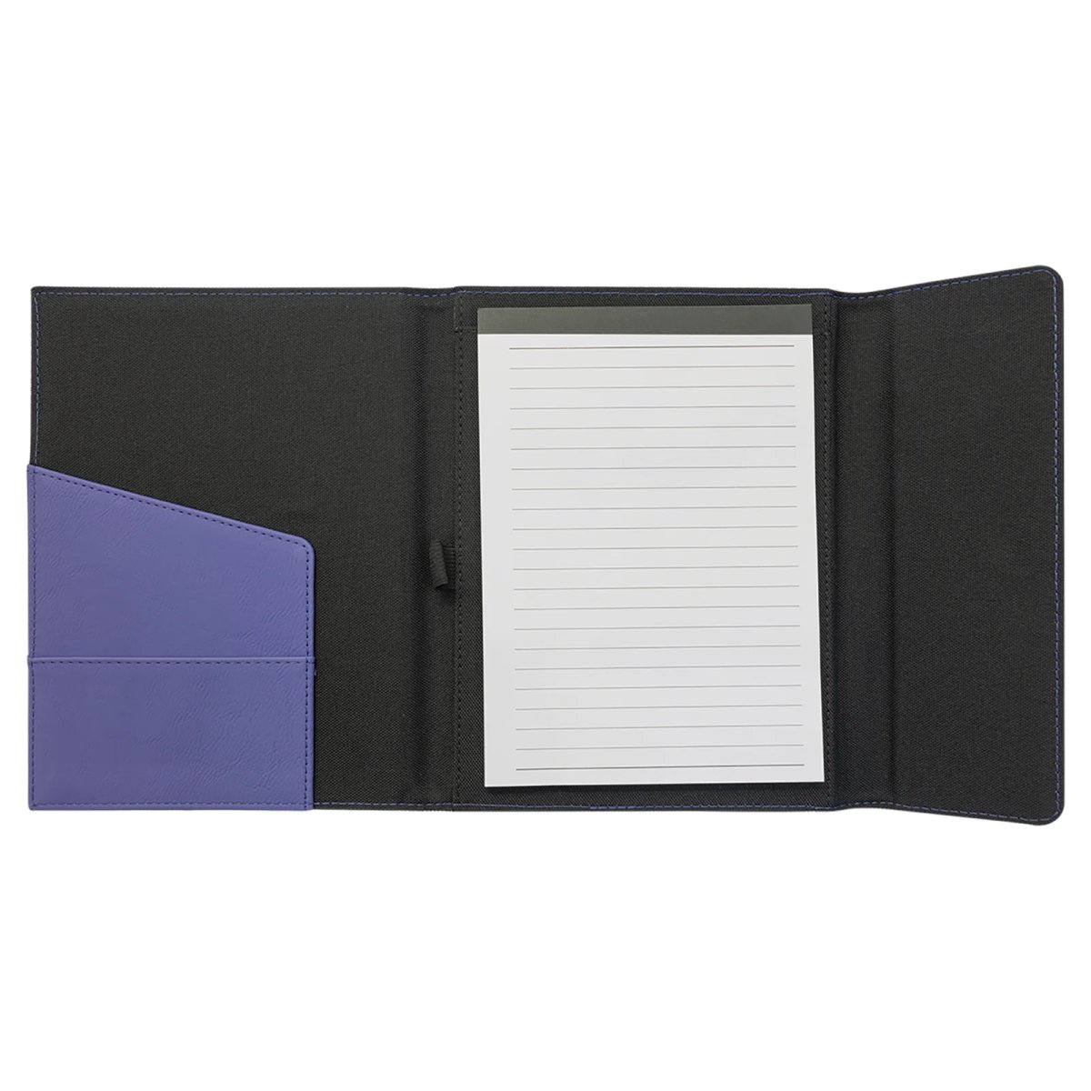 7" x 9" Purple Engraved Faux Leather / Black Canvas Portfolio with Notepad - Open view