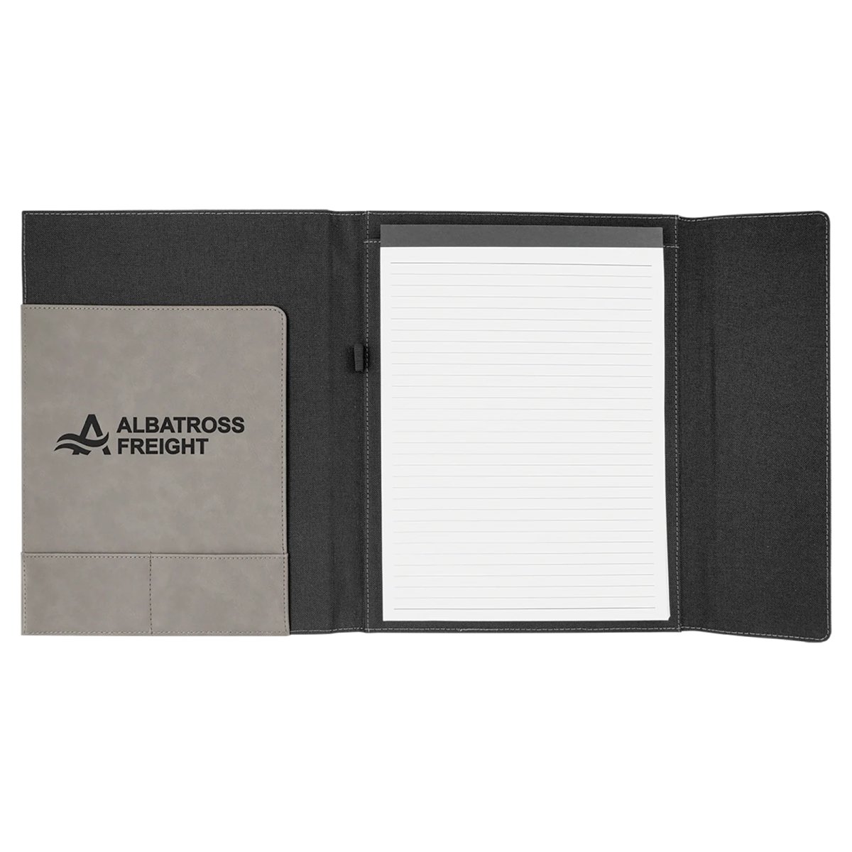 9 1/2" x 12" Gray Engraved Faux Leather / Black Canvas Portfolio w / Notepad - Open view