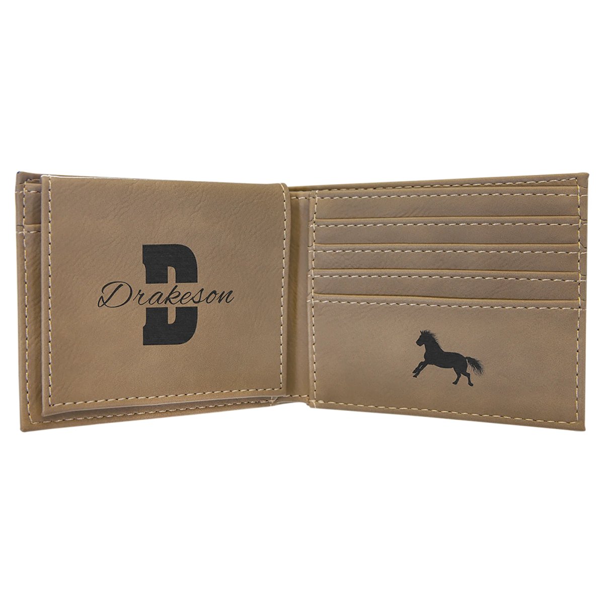 Light Brown Engraved Faux Leather Bi-Fold Wallet w/Flip  ID Display - Open view