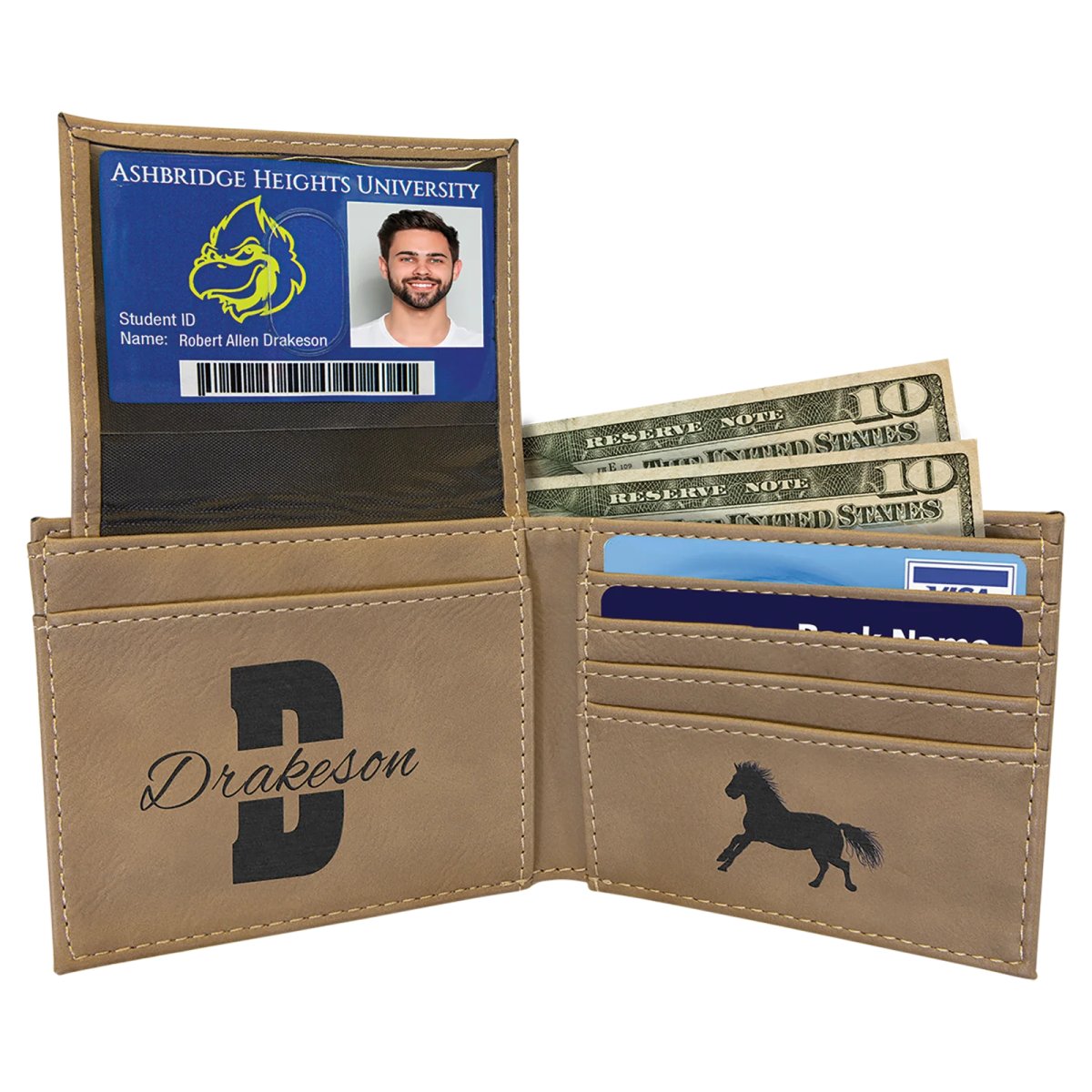 Light Brown Engraved Faux Leather Bi-Fold Wallet w/Flip  ID Display - Open 2 view