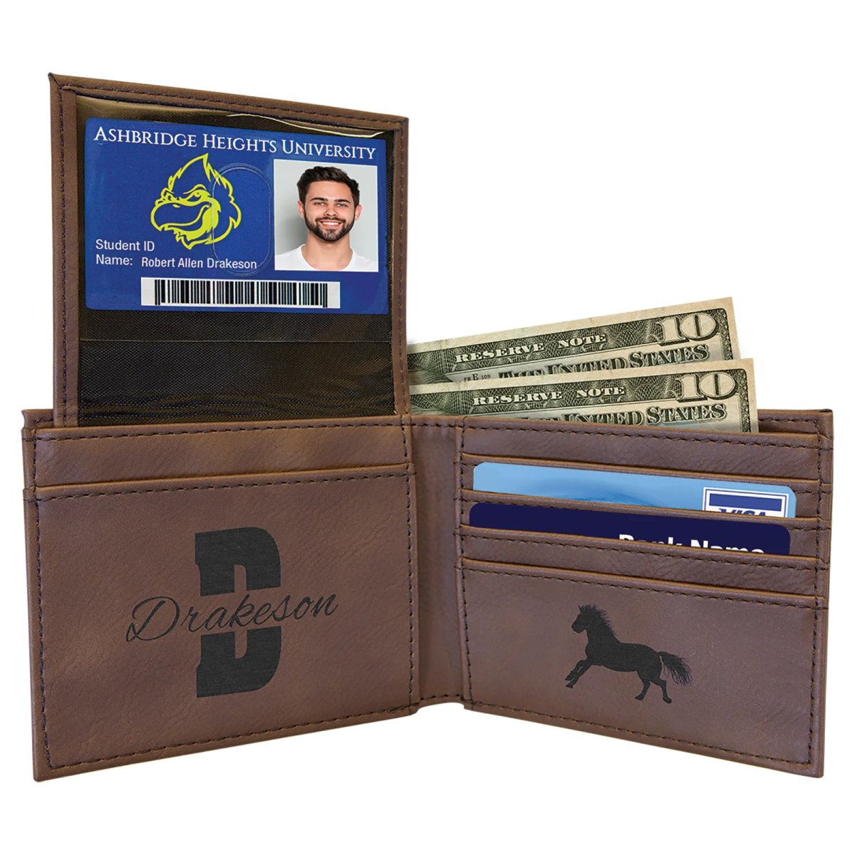 Dark Brown Engraved Faux Leather Bi-Fold Wallet w/Flip  ID Display - Open 2 view