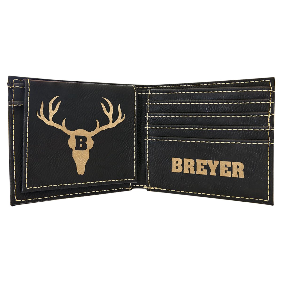 Black/Gold Engraved Faux Leather Bi-Fold Wallet w/Flip  ID Display - Open view