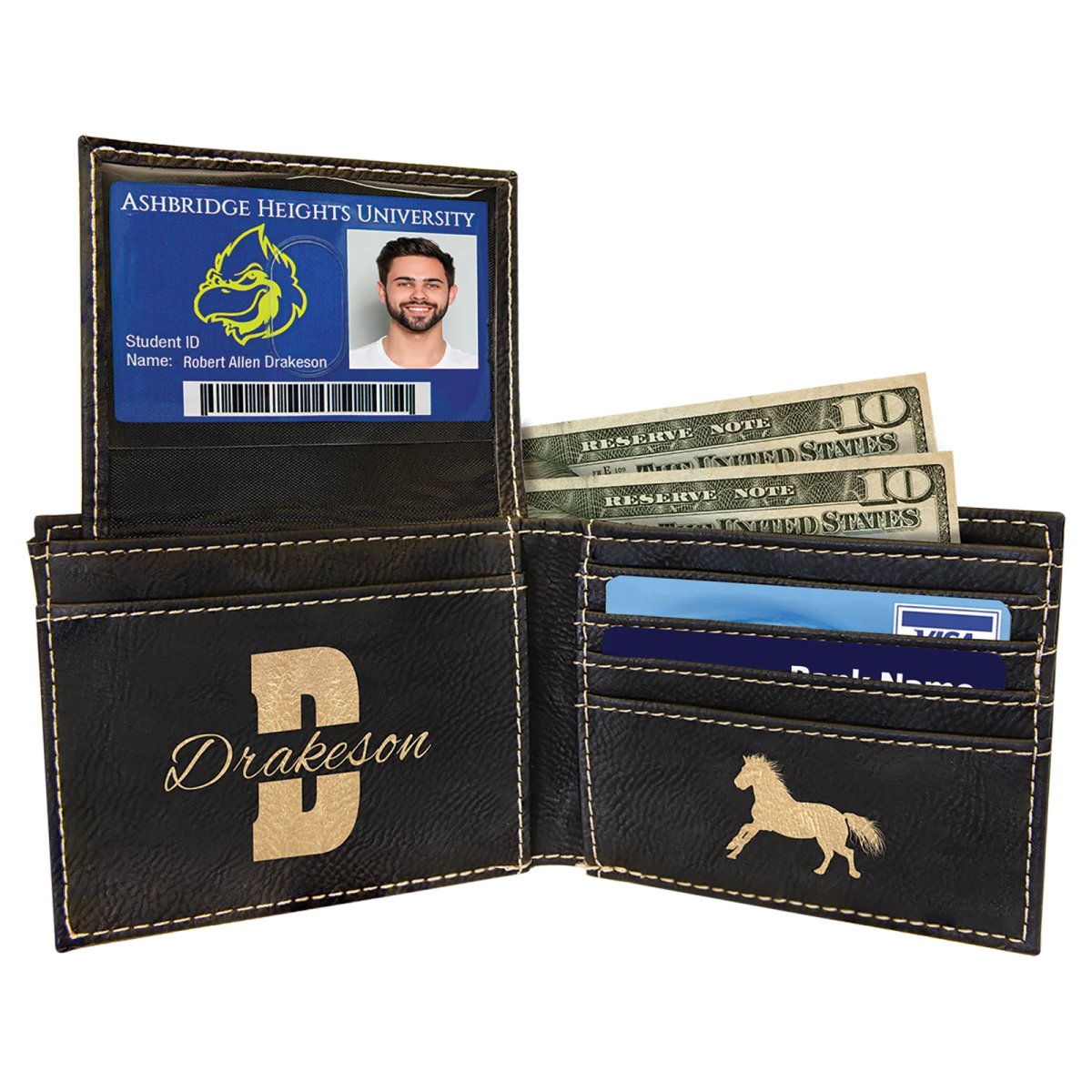 Black/Gold Engraved Faux Leather Bi-Fold Wallet w/Flip  ID Display - Open 2 view