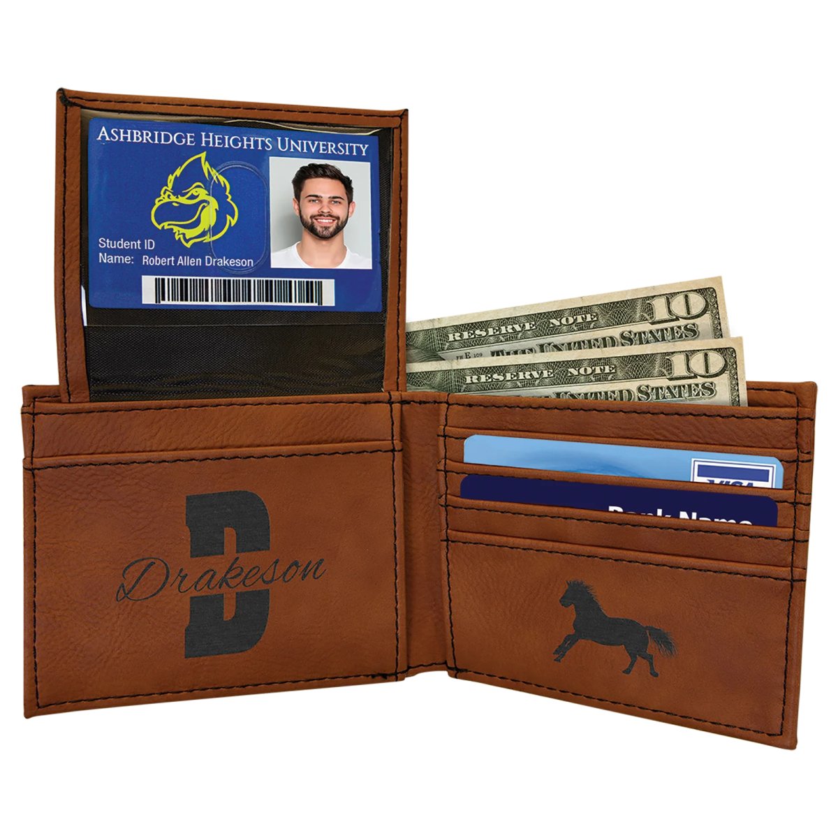 Rawhide Engraved Faux Leather Bi-Fold Wallet w/Flip  ID Display - Open 2 view