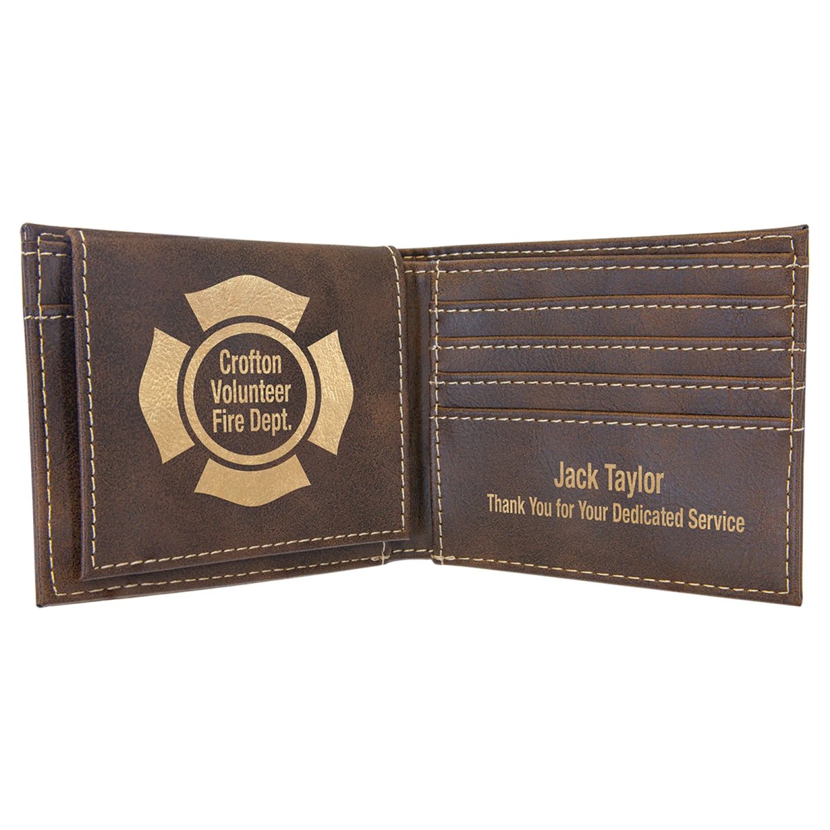 Rustic/Gold Engraved Faux Leather Bi-Fold Wallet w/Flip  ID Display - Open view