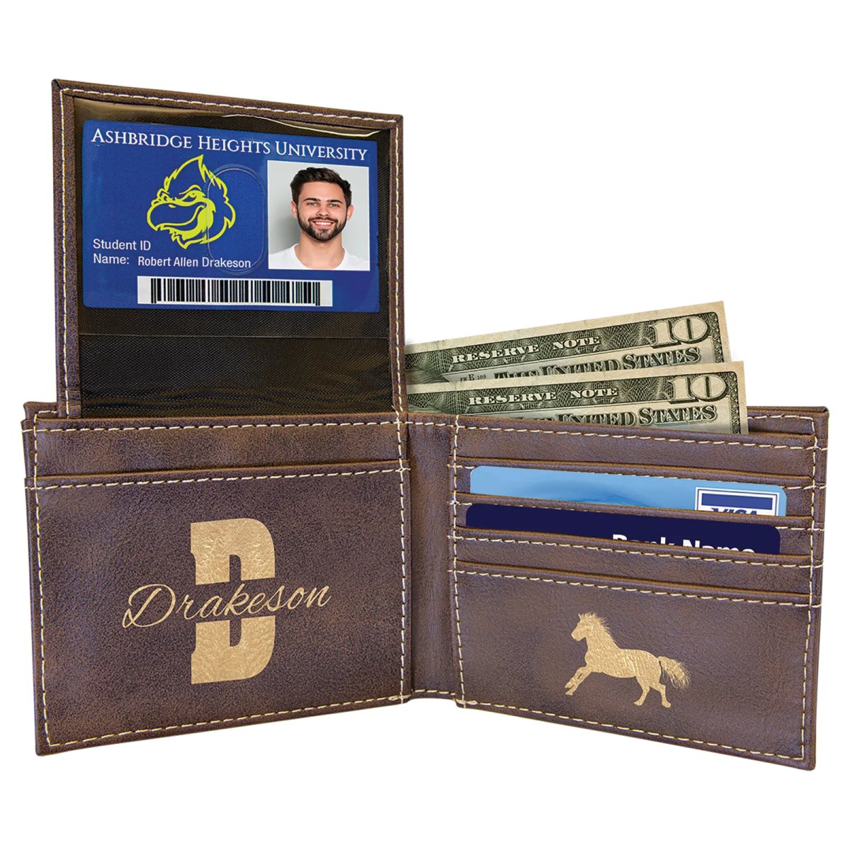 Rustic/Gold Engraved Faux Leather Bi-Fold Wallet w/Flip  ID Display - Open 2 view