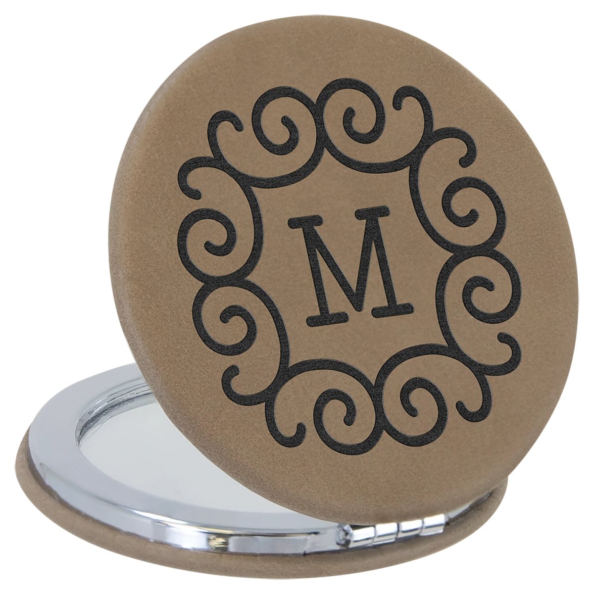 2 1/2" Light Brown Engraved Faux Leather Compact Mirror - Open view