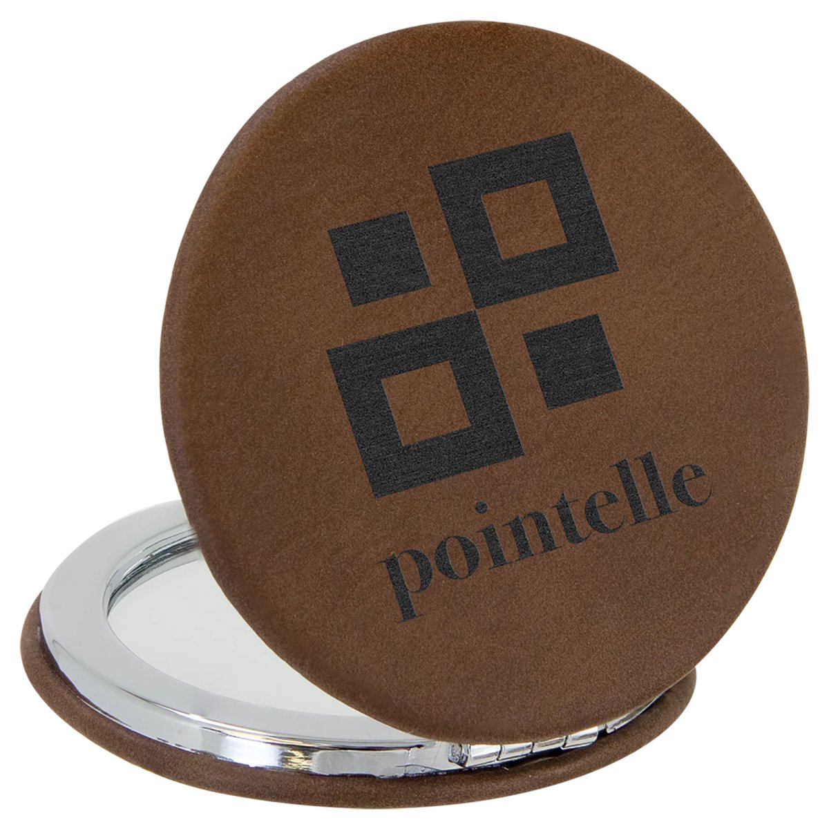 2 1/2" Dark Brown Engraved Faux Leather Compact Mirror - Open view