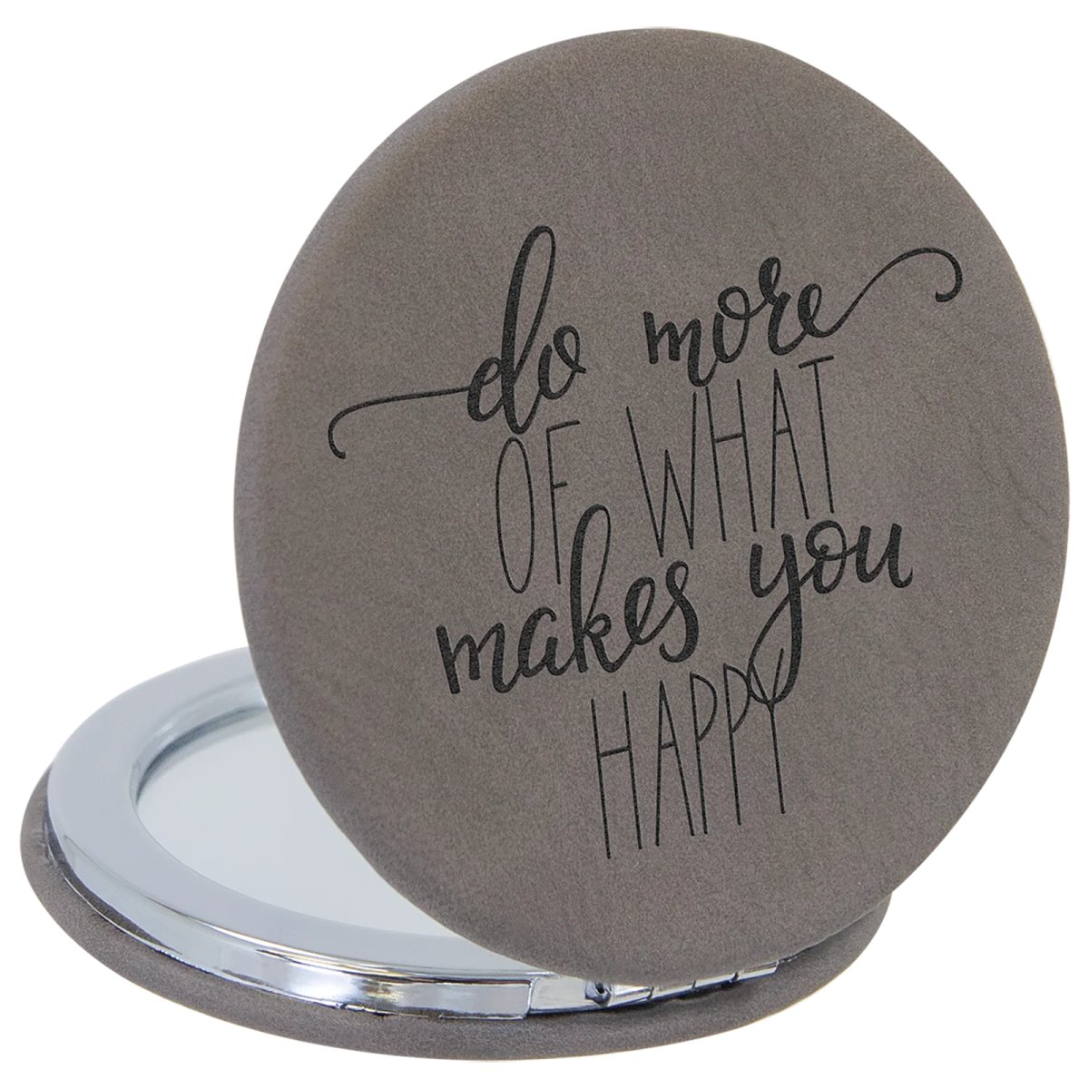 2 1/2" Gray Engraved Faux Leather Compact Mirror - Open view