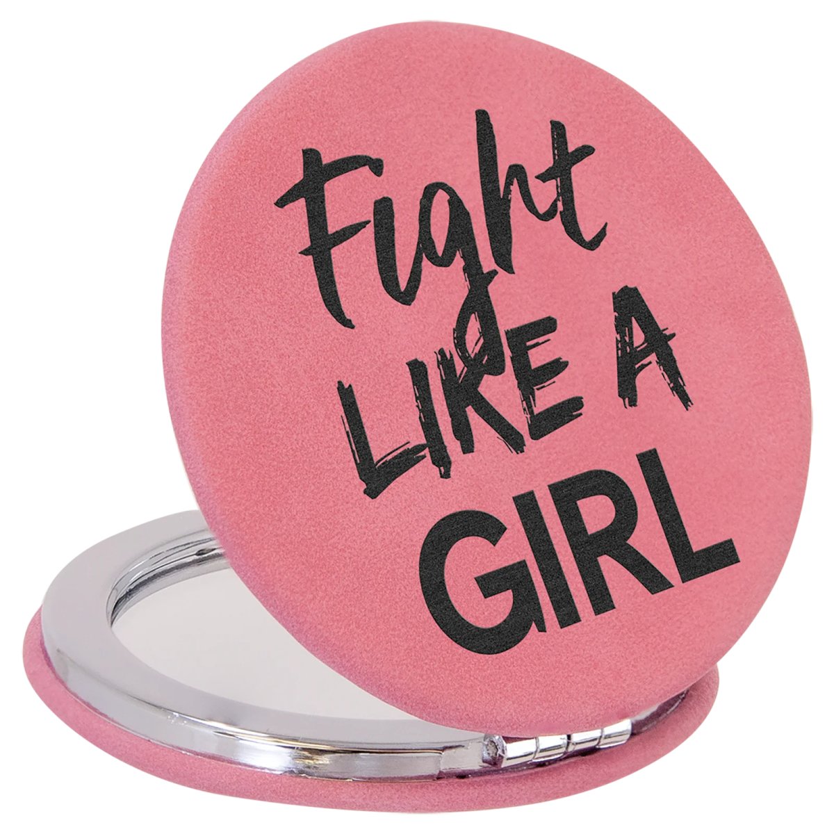 2 1/2" Pink Engraved Faux Leather Compact Mirror - Open 2 view