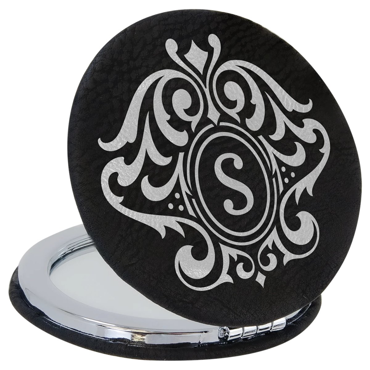 2 1/2" Black/Silver Engraved Faux Leather Compact Mirror - Open view