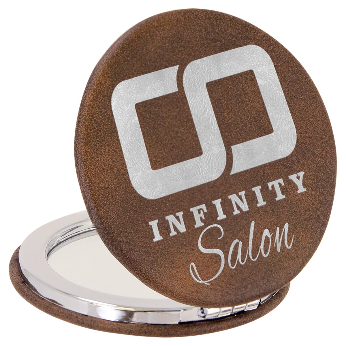 2 1/2" Rustic/Silver Engraved Faux Leather Compact Mirror - Open view