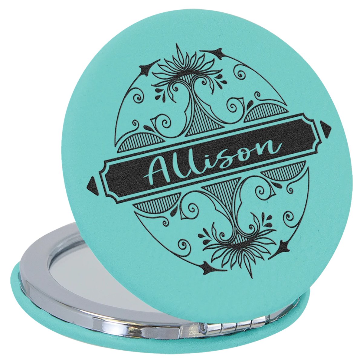 2 1/2" Teal Engraved Faux Leather Compact Mirror - Open view