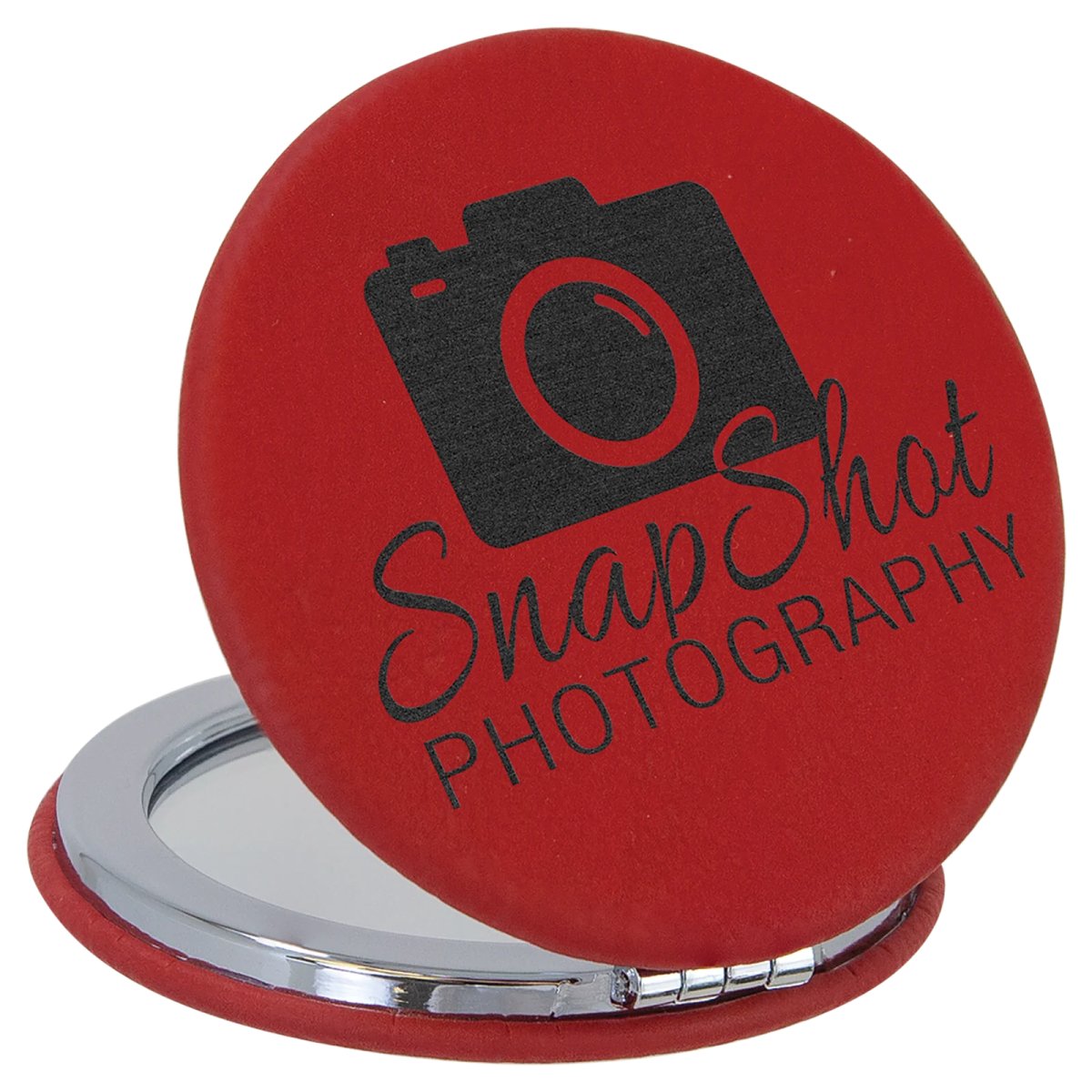 2 1/2" Red Engraved Faux Leather Compact Mirror - Open view