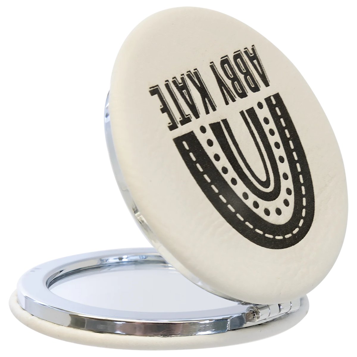 2 1/2" White Engraved Faux Leather Compact Mirror - Back view