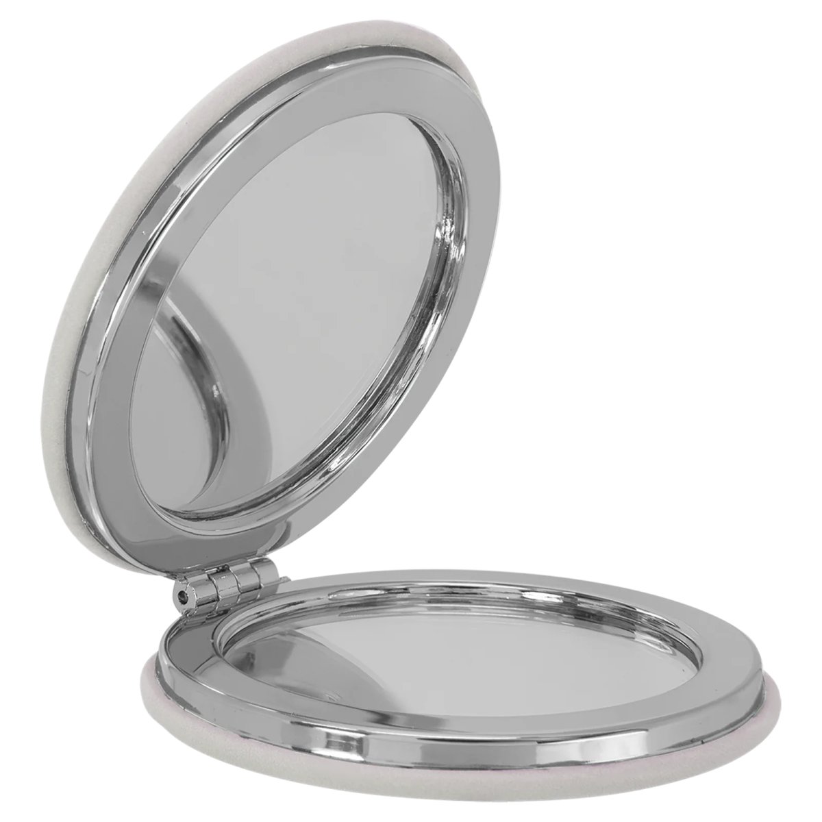 2 1/2" White Engraved Faux Leather Compact Mirror - Open view