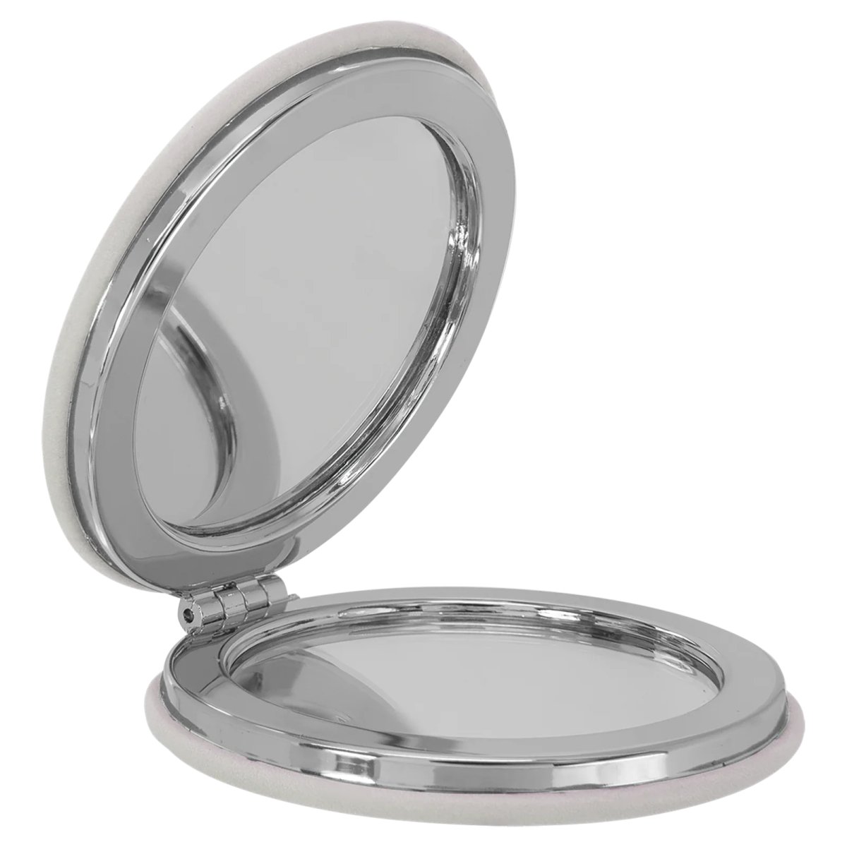 2 1/2" White Engraved Faux Leather Compact Mirror - Open 2 view
