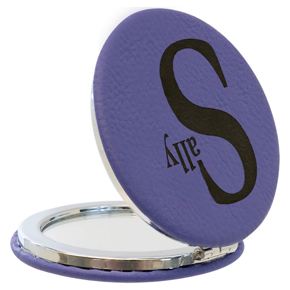 2 1/2" Purple Engraved Faux Leather Compact Mirror - Back view