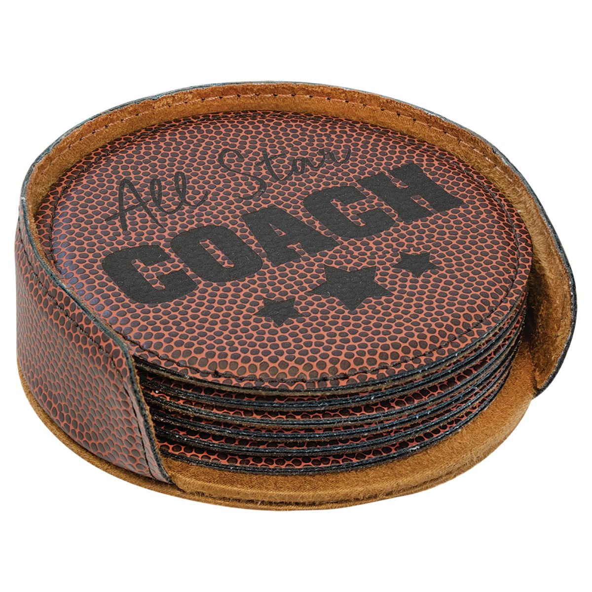 4" Football Round Engraved Faux Leather 6-Coaster Set - Angle view