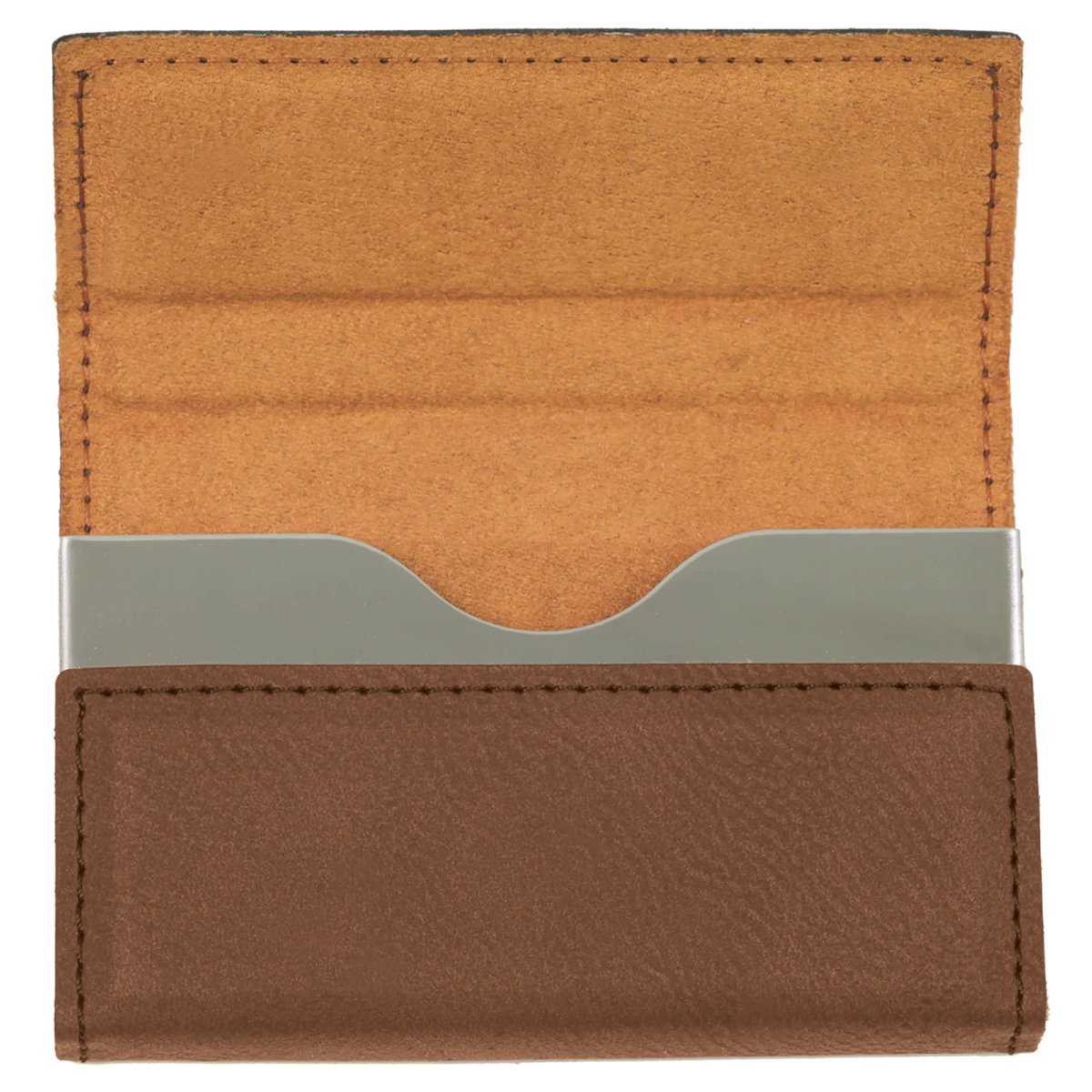 3 3/4" x 2 3/4" Dark Brown Engraved Faux Leather Hard Business Card Holder - Open view
