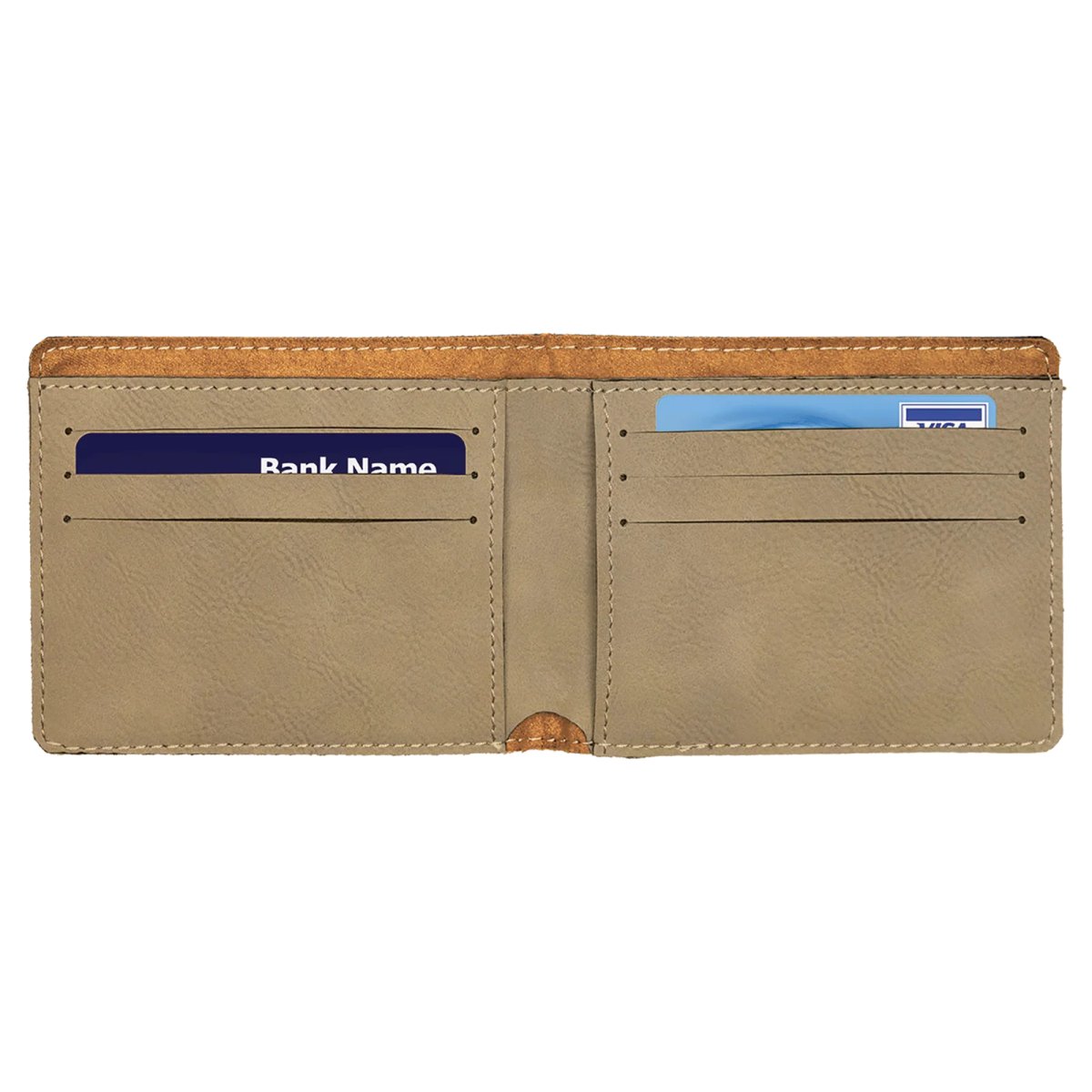 4 1/2" x 3 1/2" Light Brown Engraved Faux Leather Bifold Wallet - Open view