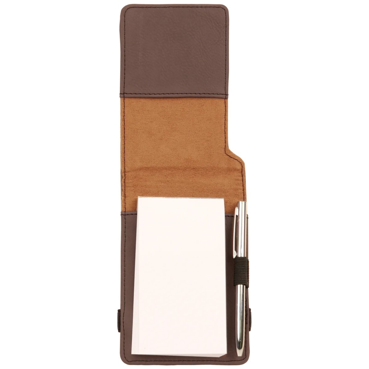3 1/4" x 4 3/4" Dark Brown Engraved Faux Leather Mini Notepad with Pen - Open view