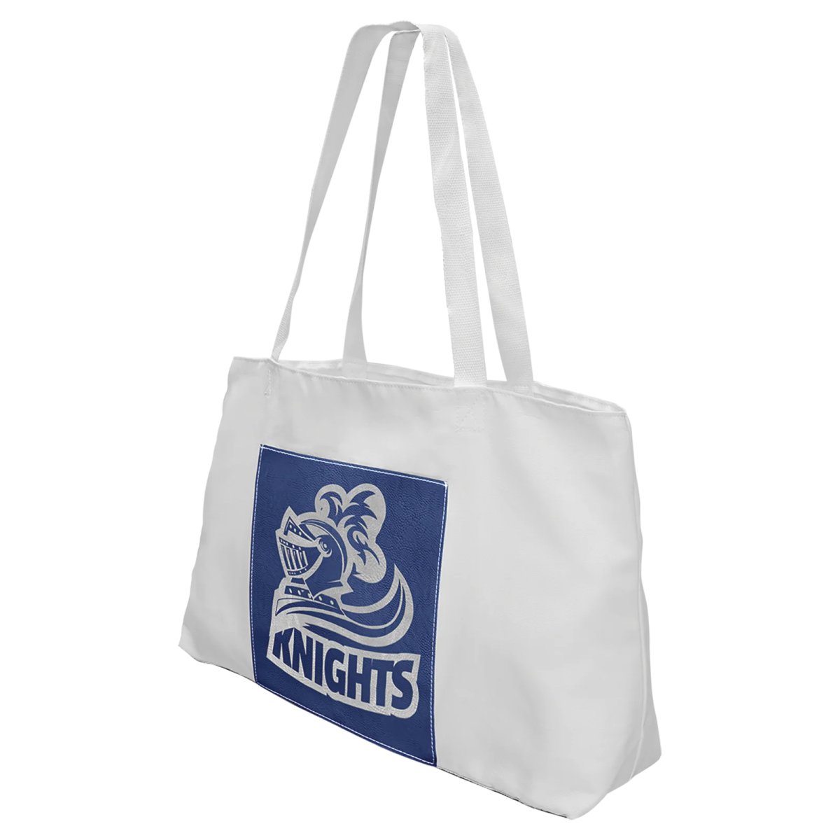 19" x 12" White Bag with 5" Blue/Silver Engraved Faux Leather Gusset - Angle view