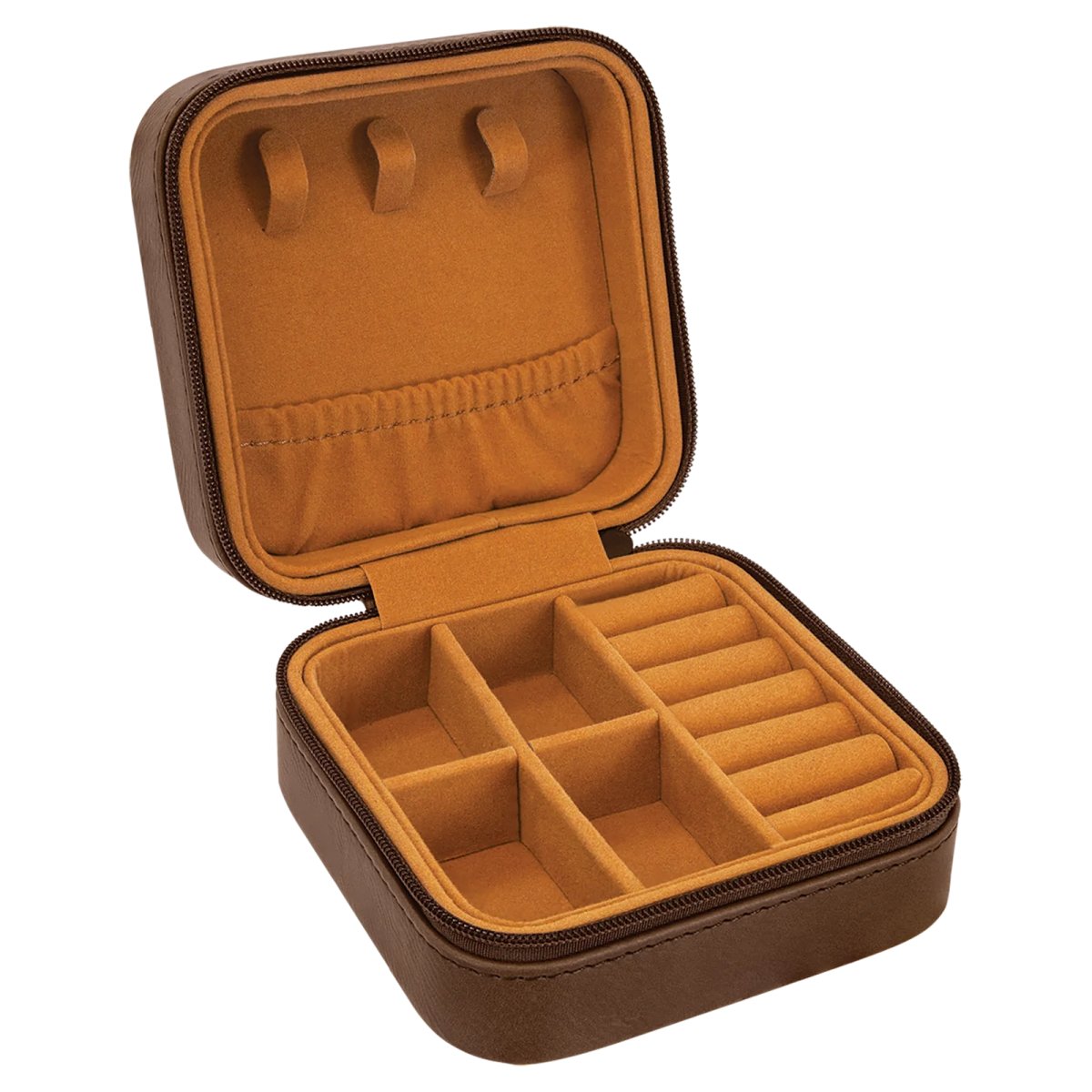4" X 4" Dark Brown Engraved Faux Leather Travel Jewelry Box with Tan Lining - Open view